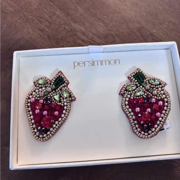 Pink and Green Crystal Beaded Strawberry Earrings - Picture 1 of 3
